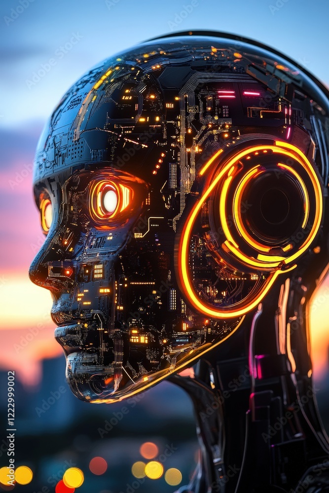 Poster robot head with glowing circuitry, showcasing advanced technology and artificial intelligence during