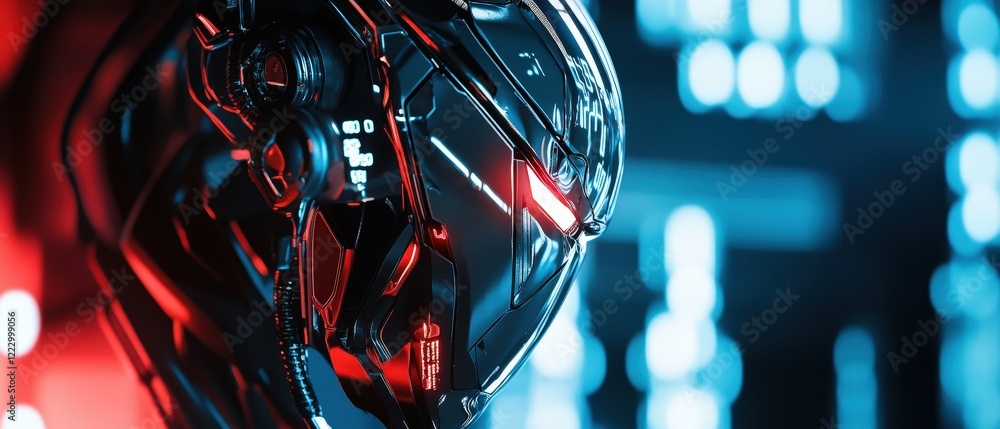 Poster robot head with glowing lights in a futuristic environment, representing advancements in artificial 