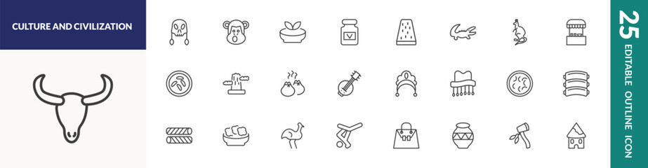 Obraz premium outline culture and civilization icons set. editable linear native american skull, gazpacho, turron, and other 22 icons in this category isolated on transparent background.