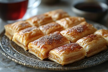 Golden-brown pastries arranged on an ornate platter ready to be enjoyed