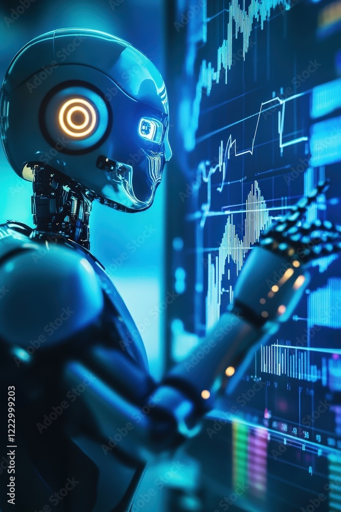 Poster robot interacting with financial data on a digital screen, showcasing artificial intelligence in sto