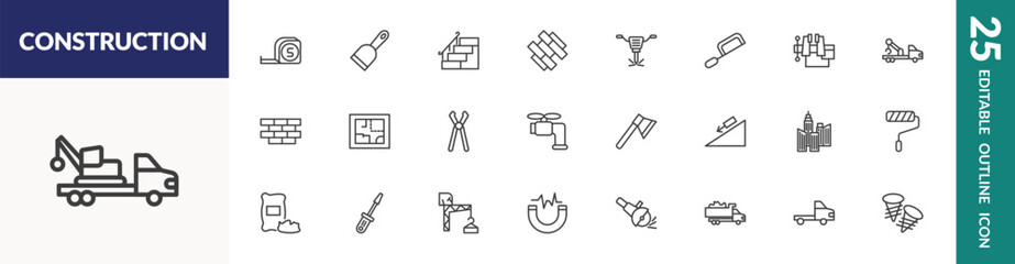 outline construction icons set. editable linear five meters ruler, stairs with handle, , and other 22 icons in this category isolated on transparent background.