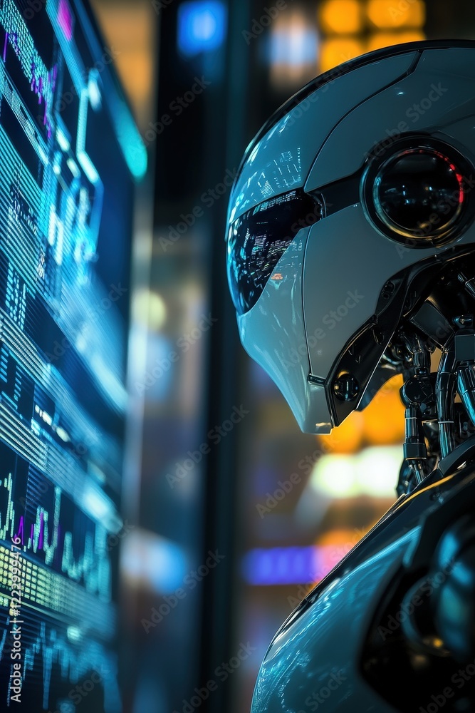 Poster robot, technology and digital data analysis with neon graphics on screen in futuristic finance envir