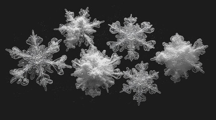 Close-up view of numerous unique snowflakes on a dark background showcasing intricate patterns and designs in winter season
