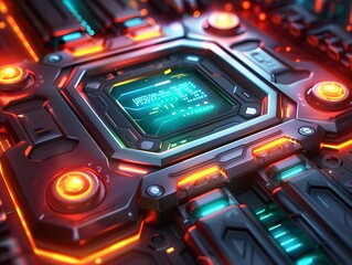 Fototapeta premium A close-up of a CPU on a motherboard, illuminated by vibrant orange and pink neon lights. The intricate circuitry and glowing pathways create a futuristic, high-tech atmosphere.