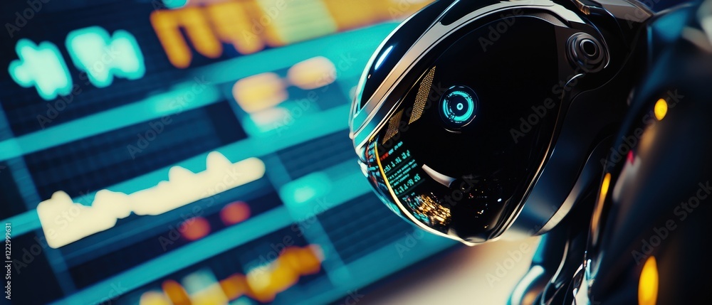 Poster robot with advanced technology analyzing data on digital screens displaying stock market trends, fin