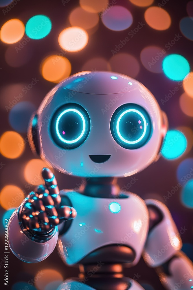 Aufkleber robot technology with glowing eyes, set against a colorful bokeh background. focus on artificial int