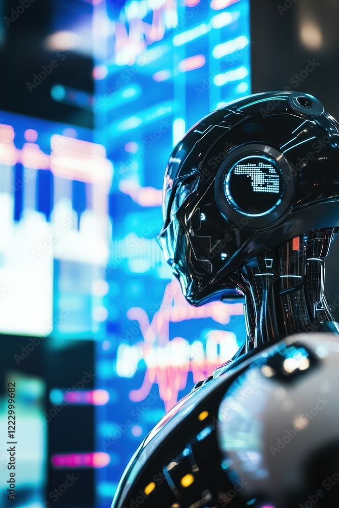 Poster robot with futuristic design in front of digital stock market display, showcasing technology trends,