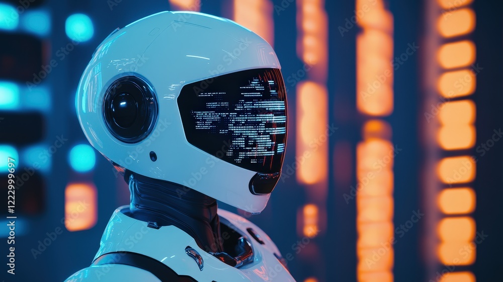Poster robot with futuristic helmet and digital screen in a vibrant technology environment, showcasing adva