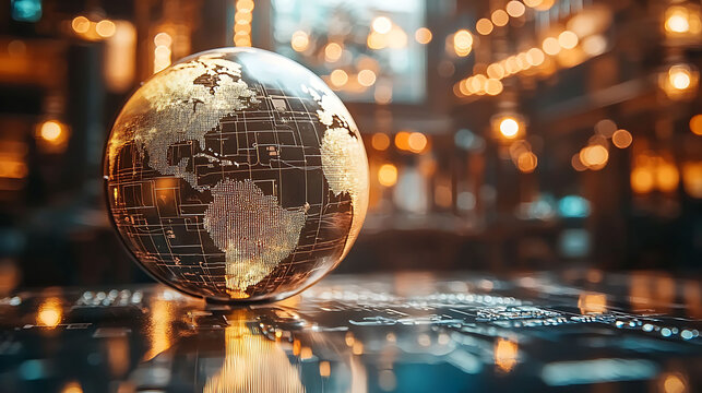 Illuminated globe rests on a reflective surface, set against a warm, bokehfilled backdrop.  A striking image ideal for concepts of global connectivity, technology, and international business.