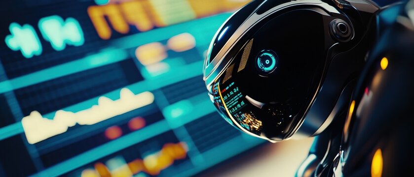 Robot with advanced technology analyzing data on digital screens displaying stock market trends, financial analysis, investment decisions, and future projections.