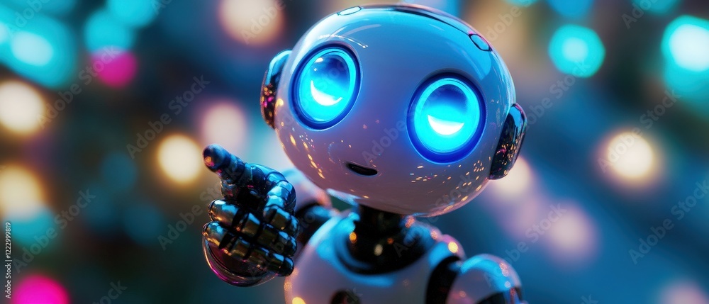 Aufkleber robot with glowing blue eyes pointing in a vibrant and colorful environment, illustrating advancemen