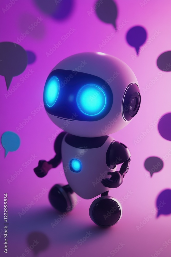 Poster robot with glowing blue features surrounded by speech bubbles in a colorful setting. concept of arti