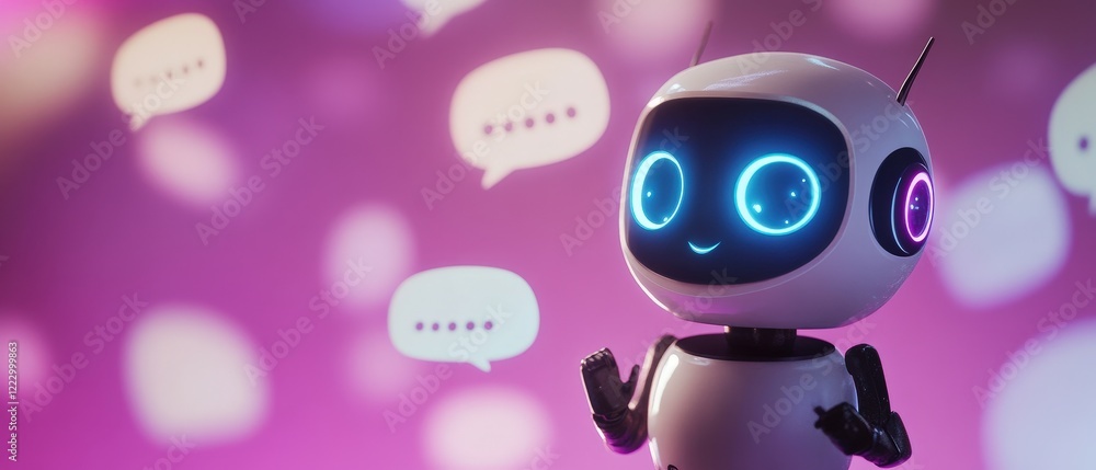 Poster robot with glowing eyes engaging in conversation and expressing emotions, representing artificial in