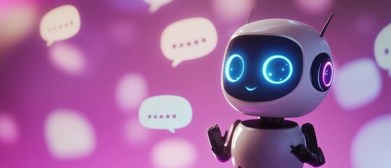 Robot with glowing eyes engaging in conversation and expressing emotions, representing artificial intelligence and technology communication in a vibrant background.