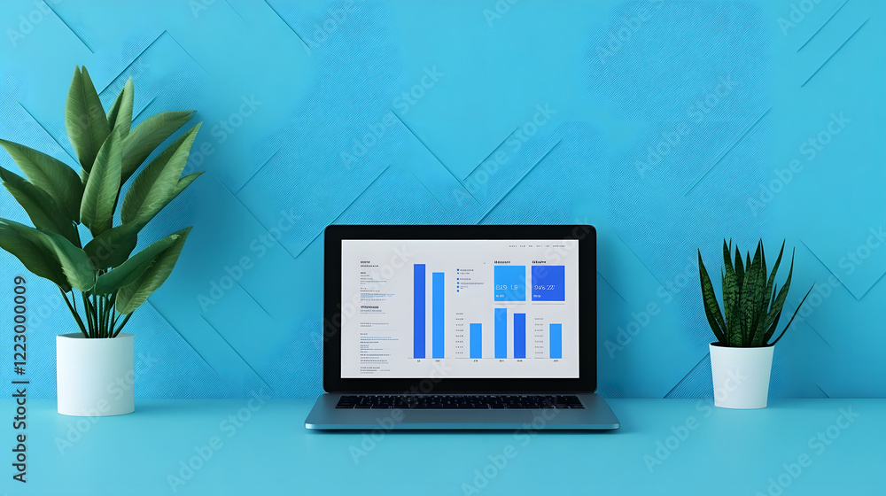 Poster minimalist laptop displaying customizable data dashboards on geometric blue backdrop