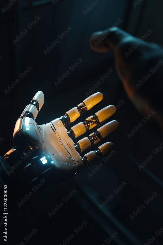 Poster robotic hand reaching out with human hand in background, showcasing advancements in artificial intel