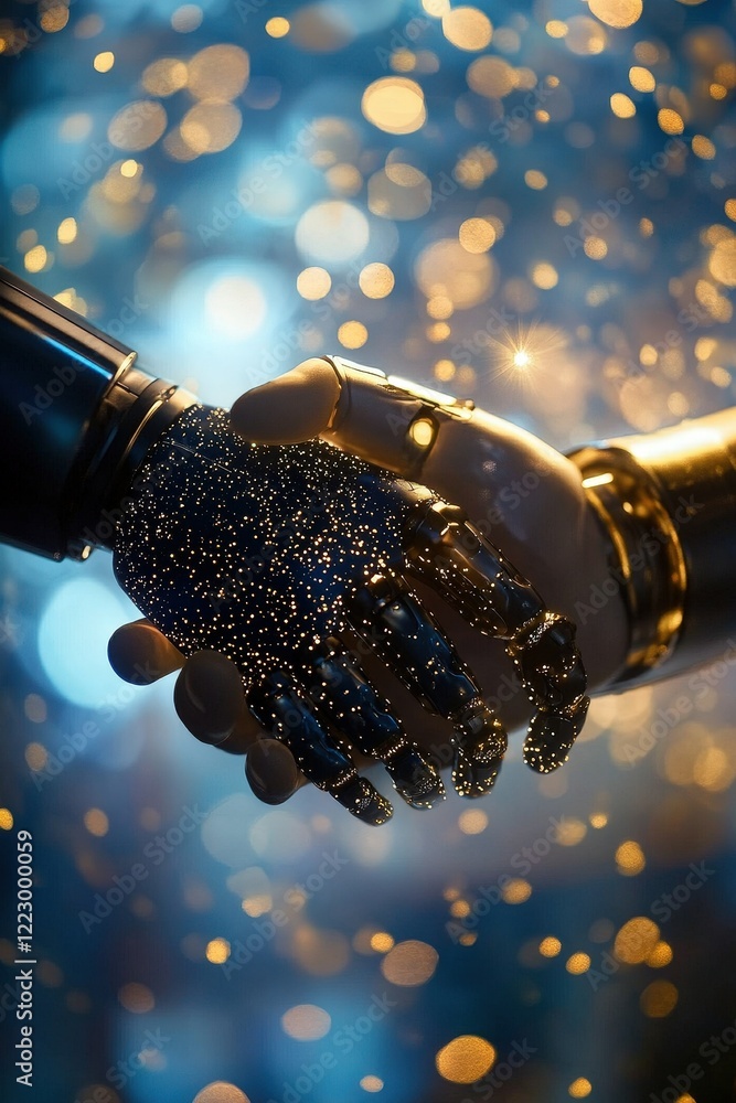Poster robotic hands shaking in a futuristic environment, symbolizing collaboration between technology and 