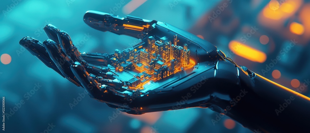Poster robotic hand holding glowing data particles in a futuristic setting, representing advanced technolog
