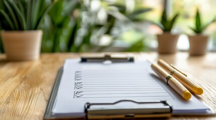 Desk with Clipboard and Pens in a Bright Indoor Workspace