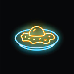 Glowing neon sign depicting a fried egg on a plate is a vibrant and eye catching representation of breakfast
