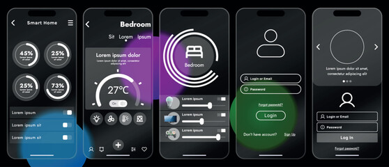 Sleek vector illustration of a smart home app interface displayed on a smartphone. The design features a glass base, modern icons and controls.