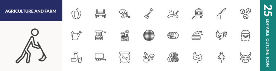 outline agriculture and farm icons set. editable linear capsicum, self-sufficient, manure, and other 22 icons in this category isolated on transparent background.
