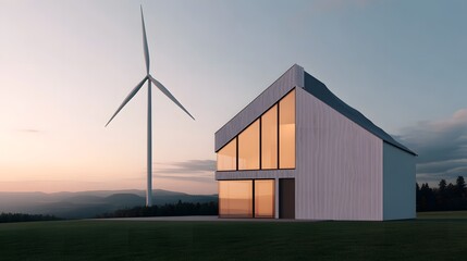 Obraz premium Modern Sustainable Wind Turbine in Backyard of Eco-Friendly House at Sunset