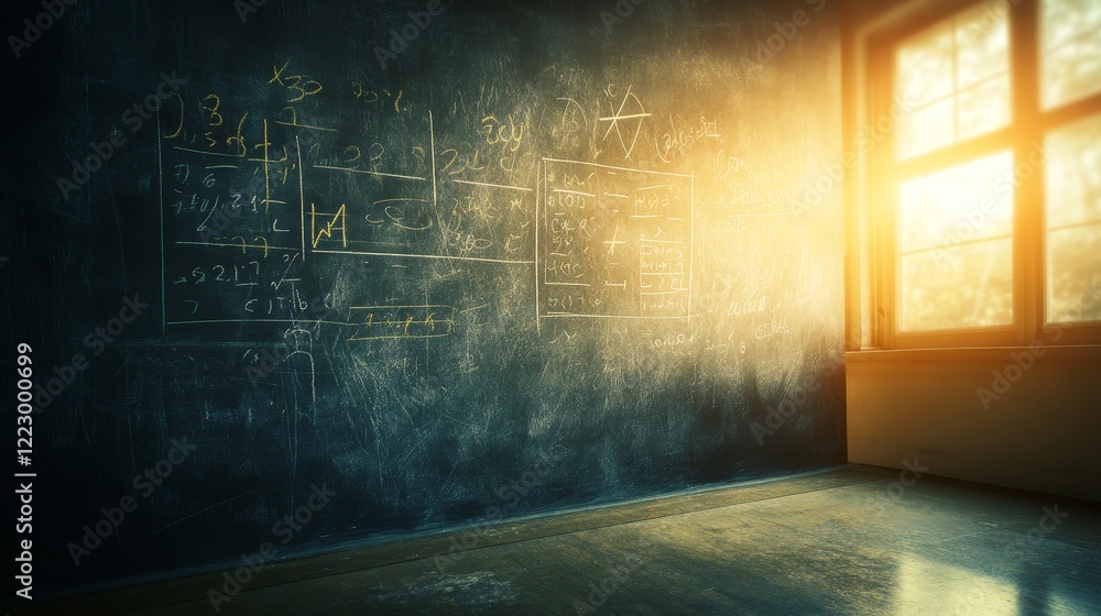 Poster empty classroom chalkboard with mathematical equations, sunlit window, abstract background
