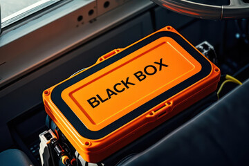 Orange Black Box Safety Recorder Inside Vehicle Cockpit with Detailed Electronics
