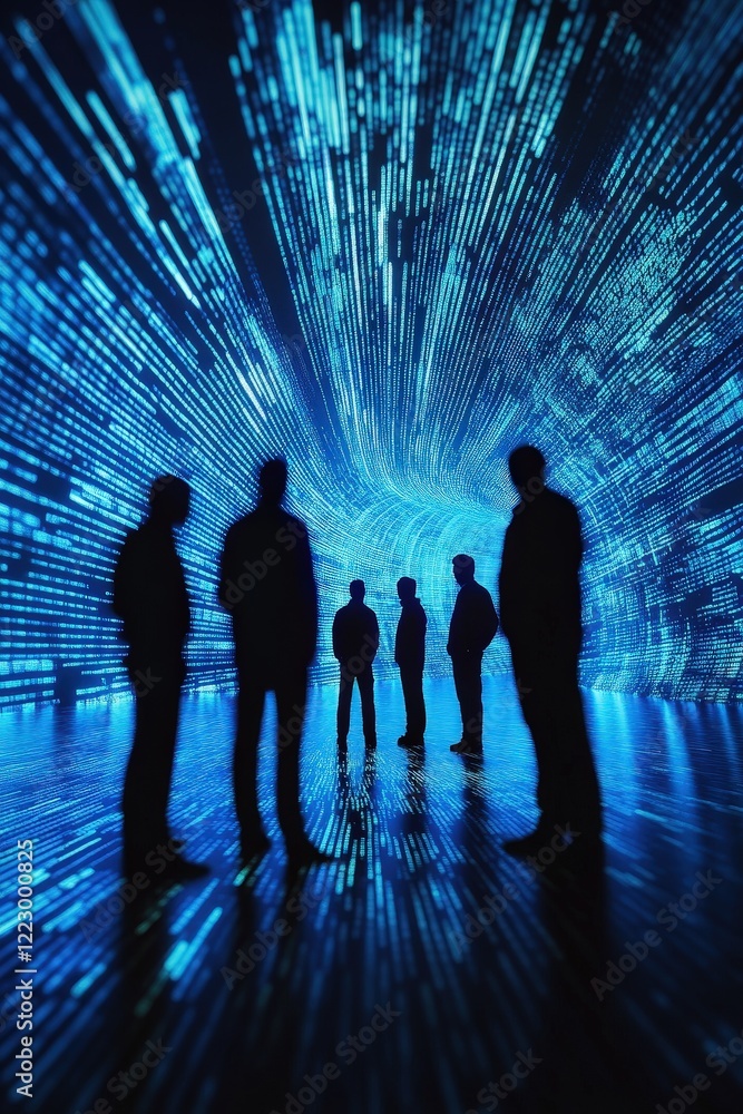 Poster silhouetted business professionals discussing digital data in a futuristic setting with abstract lig