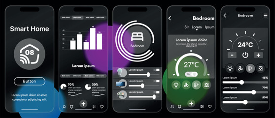 Sleek vector illustration of a smart home app interface displayed on a smartphone. The design features a glass base, modern icons and controls.