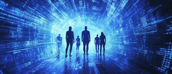 Silhouettes of people in a digital space with abstract light patterns, showcasing technology, innovation, and virtual connectivity for futuristic themes.