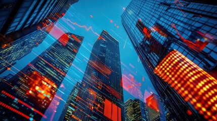 Skyscrapers, stock market data overlay and financial graphs in urban setting for business analysis, investment strategies and economic growth visualization.