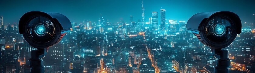 Naklejka premium Hightech CCTV cameras watching over a smart city, with a blue glowing cityscape in the background, modern urban security system, futuristic surveillance concept, UHD