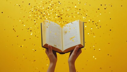 Hand holding an open book with golden confetti falling on a bright yellow background, symbolizing joy and learning, festive atmosphere, photorealistic, 4K resolution