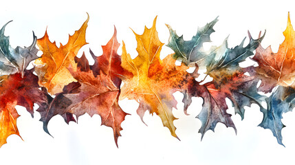 Fototapeta premium A watercolor painting of vibrant autumn leaves in shades of orange, yellow, and brown, arranged in a flowing pattern.