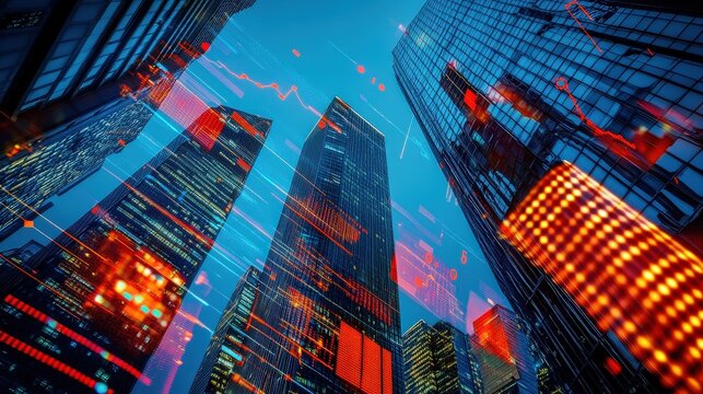 Skyscrapers, stock market data overlay and financial graphs in urban setting for business analysis, investment strategies and economic growth visualization.