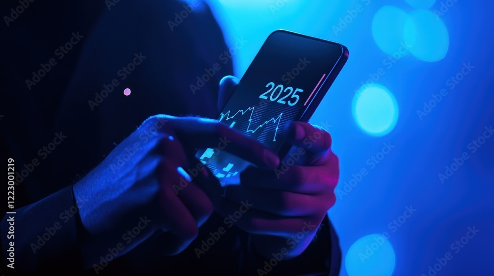 Poster smartphone with financial data analytics for 2025 in hands of a business professional, showcasing di