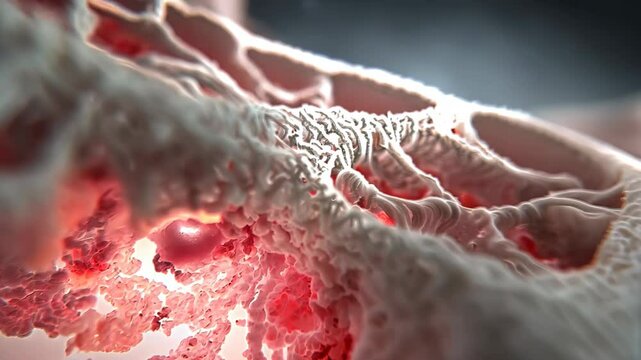 A close-up view of porous bone tissue structure, showcasing intricate details and textures with illuminated red highlights, representing biological and medical concepts.