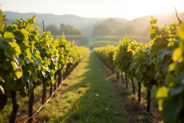 Vineyard at sunrise with dew-covered grapevines