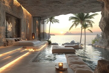 Oceanfront cave bedroom with infinity pool and sunset view Luxurious minimalist design