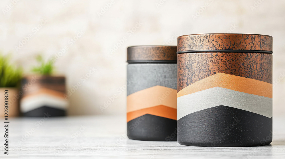 Poster representations of rust concept, modern tea tins with rust inspired design and geometric patterns