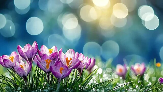 Spring crocus flowers grow among green grass on a light blue background with bokeh effect.	
