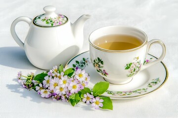Fototapeta premium Elegant porcelain teapot and teacup with floral design, served with herbal tea, accompanied by a small bouquet of delicate purple and white flowers on a white tablecloth