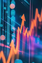Stock market trends represented by an upward moving graph with vibrant colors displaying financial growth, investment opportunities, and digital analytics in finance.