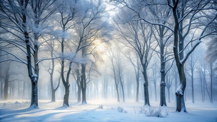 Snow covered forest with bare trees and misty atmosphere, peaceful, nature,  peaceful, nature, frozen, serene