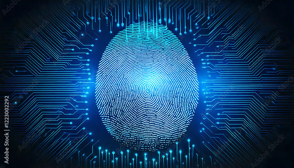 Poster stunning abstract image of a fingerprint overlaid on a glowing circuit board. perfect for illustrati