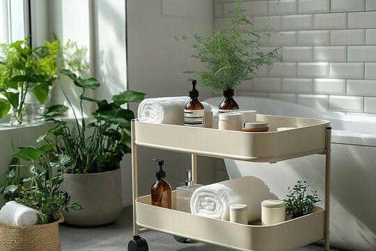 Spa-like bathroom organization with a two-tiered cart holding toiletries rolled towels and potted plants