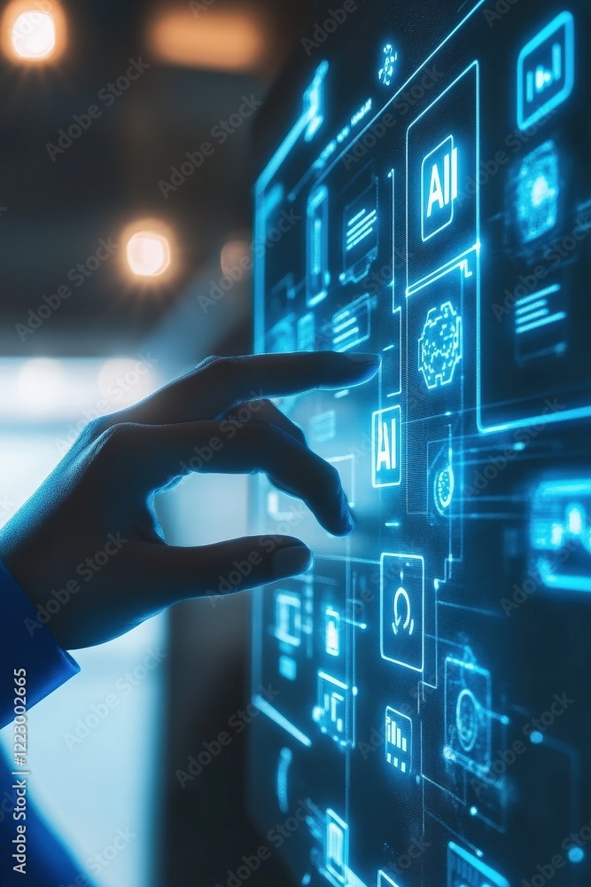 Poster touchscreen interface with hand interacting with ai technology, digital icons, and futuristic applic